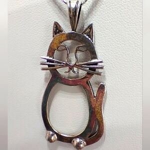 Vintage Monet Cat Pendant on Silver Tone Chain